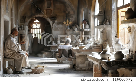 An ancient monastery where monks craft religious ceramics, enveloped in tranquility and the scent of incense. 116003772