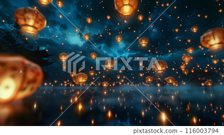The Lantern Festival: Lanterns float gracefully across the night sky, creating a mesmerizing scene. The Lantern Festival: Lanterns float gracefully across the night sky, creating a mesmerizing scene. 116003794
