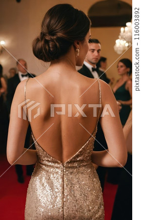 Beautiful young model woman in sexy dress with open back on luxury party. Generative AI 116003892