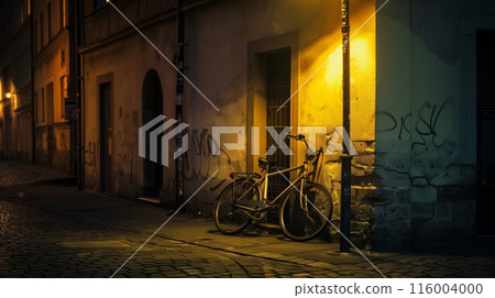 A desolate corner where a streetlight casts a glow on a lone bicycle, hinting at untold past journeys. 116004000
