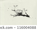 Three eggs in a bird's nest, monochrome illustration drawn by pen, watercolor paper texture 116004088