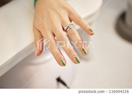 Top view shot of girls fingernails with herbal design in neutral and green color in nail salon, copy space 116004226