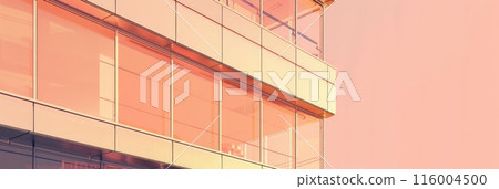 Close-up of a modern glass office building with pink and orange reflections. Contemporary architecture and urban design 116004500