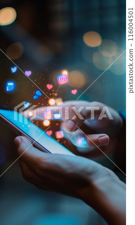 Person using smartphone with social media icons floating. Represents online interactions and digital engagement. Person using smartphone with social media icons floating. Represents online interactions and digital engagement. 116004501