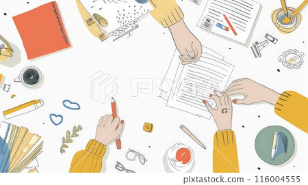 Illustration of hands working together over a desk with office supplies. Concept of teamwork and creative collaboration in the workplace. Illustration of hands working together over a desk with office supplies. Concept of teamwork and creative collaboration in the workplace. 116004555