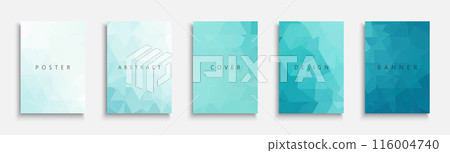 Collection of vector blue bright polygonal templates, posters, placards, brochures, banners, flyers, backgrounds and etc. Contemporary turquoise abstract covers - geometric vibrant design 116004740