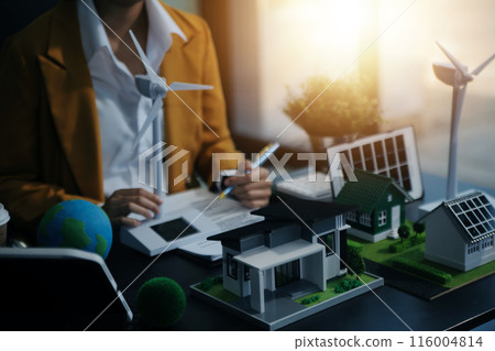 Carbon offset price report CO2 emission. Future growth Net zero waste in ESG ethical SME office protect climate change global warming social issues project. Group of asia people Eco friendly SDGs plan 116004814