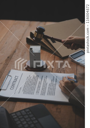 Real Estate Law, Home Insurance, property Tax, Auction and Bidding concepts. small toy house model with gavel justice hammer on desk in courthouse. 116004872