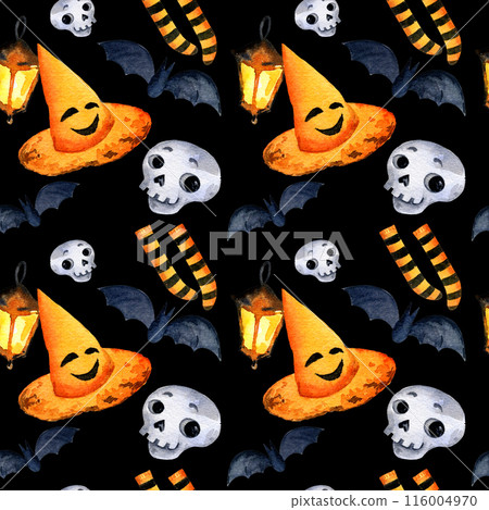 watercolor seamless pattern of Halloween theme with cartoon funny hat, cute skulls, striped stockings witches, bats, burning light, hand drawn illustration of October event on black background watercolor seamless pattern of Halloween theme with cartoon funny hat, cute skulls, striped stockings witches, bats, burning light, hand drawn illustration of October event on black background 116004970