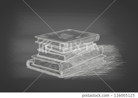 Books stack - chalk drawing on the blackboard. Hand drawn sketch in vintage engraving style of books pile. Design element for school and education, symbol of knowledge. Vector illustration. Books stack - chalk drawing on the blackboard. Hand drawn sketch in vintage engraving style of books pile. Design element for school and education, symbol of knowledge. Vector illustration. 116005125