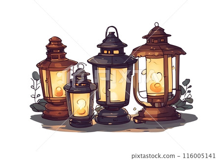 Elegantly arranged old lamps shine.Cartoon Abstract art.AI Generated 116005141