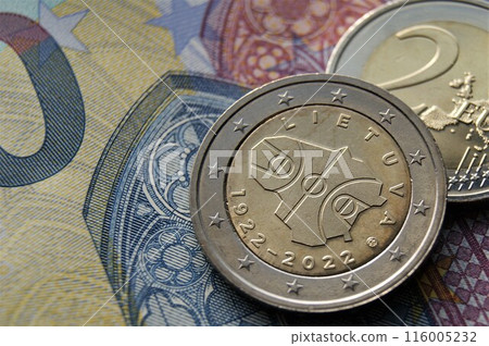 European money. Lithuanian 2 euro coin Basketball in Lithuania. European money. Lithuanian 2 euro coin Basketball in Lithuania. 116005232