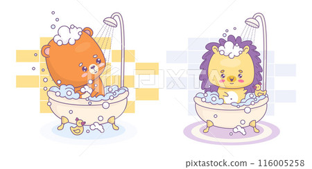 Cute cartoon bear and hedgehog bathes in bath with foam and rubber duck. Isolated funny kawaii animals character in shower in bathroom. Vector illustration. Kids collection. 116005258