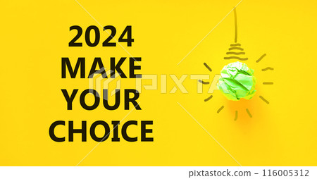 2024 Make your choice symbol. Concept words 2024 Make your choice on beautiful yellow paper. Beautiful yellow background. Green light bulb icon. Business 2024 Make your choice concept Copy space 2024 Make your choice symbol. Concept words 2024 Make your choice on beautiful yellow paper. Beautiful yellow background. Green light bulb icon. Business 2024 Make your choice concept Copy space 116005312
