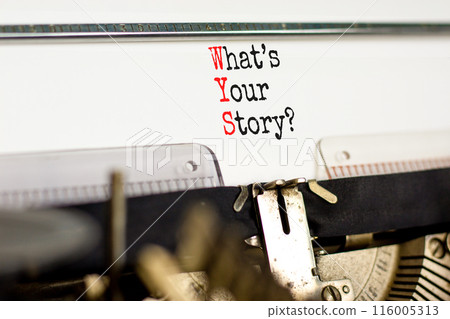 Storytelling and what is your story symbol. Concept words What is your story typed on old retro typewriter. Beautiful white background. Business storytelling what is your story concept. Copy space. Storytelling and what is your story symbol. Concept words What is your story typed on old retro typewriter. Beautiful white background. Business storytelling what is your story concept. Copy space. 116005313