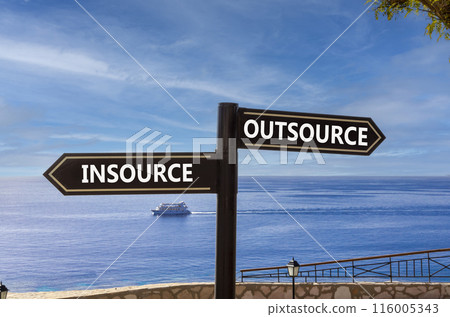 Outsource or insource symbol. Concept word Outsource or Insource on beautiful signpost with two arrows. Beautiful blue sea sky with clouds background. Business outsource insource concept. Copy space. 116005343