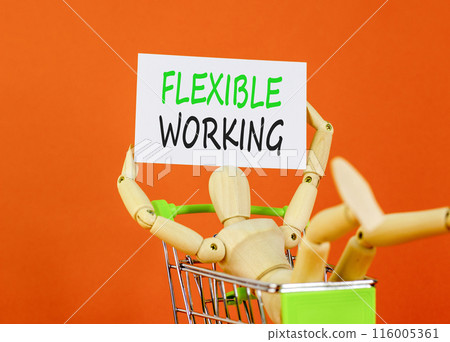 Flexible working symbol. Concept words Flexible working on beautiful white paper. Beautiful orange background. Businessman model in pushcart. Business flexible working concept. Copy space. 116005361
