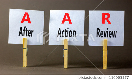 AAR After action review symbol. Concept words AAR After action review on beautiful white paper. Beautiful grey background. Business AAR after action review concept. Copy space. 116005377