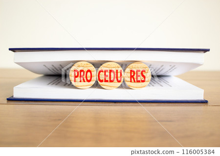 Procedures symbol. Concept word Procedures on beautiful wooden circles in book. Beautiful wooden table white background. Business procedures concept. Copy space. 116005384