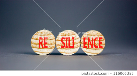Resilience symbol. Concept word Resilience on beautiful wooden circles. Beautiful grey table grey background. Business resilience concept. Copy space. Resilience symbol. Concept word Resilience on beautiful wooden circles. Beautiful grey table grey background. Business resilience concept. Copy space. 116005385