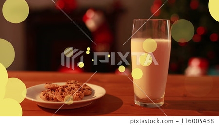 Image of dots moving over milk and cookies for santa claus Image of dots moving over milk and cookies for santa claus 116005438