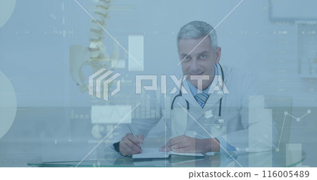 Image of financial data processing over male doctor Image of financial data processing over male doctor 116005489