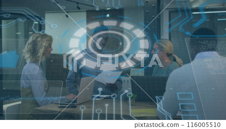 Image of interface with data processing over diverse colleagues discussing together at office 116005510