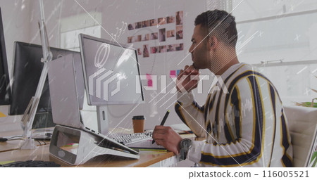Image of data processing over caucasian businessman in office 116005521