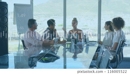 Image of financial data processing over diverse business people Image of financial data processing over diverse business people 116005522