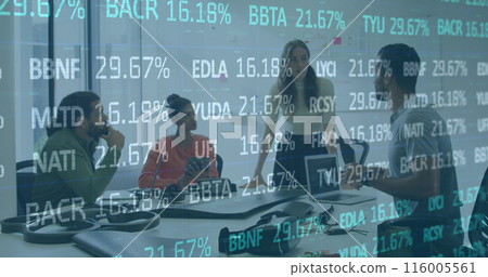 Image of financial data processing over business people 116005561