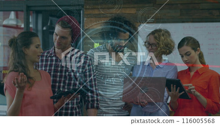 Image of scope with data processing over business people in office Image of scope with data processing over business people in office 116005568