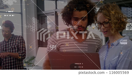 Image of data processing over diverse business people in office Image of data processing over diverse business people in office 116005569