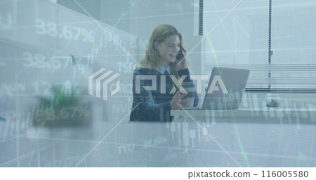 Image of data processing over caucasian businesswoman working in office Image of data processing over caucasian businesswoman working in office 116005580