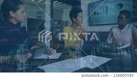 Image of graphs and trading board over diverse female coworkers discussing report on laptop Image of graphs and trading board over diverse female coworkers discussing report on laptop 116005595