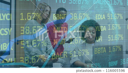 Three diverse businesswomen are discussing using a laptop and tablet in an office Three diverse businesswomen are discussing using a laptop and tablet in an office 116005596