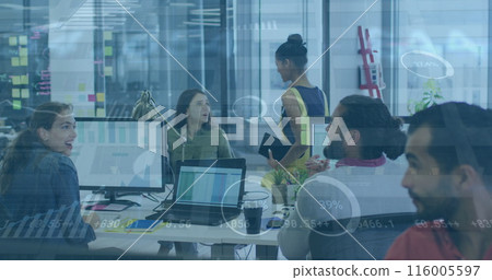 Image of graphs, circles on diverse female coworkers giving high fives on achieving sales target Image of graphs, circles on diverse female coworkers giving high fives on achieving sales target 116005597