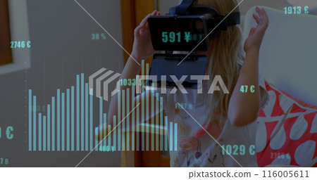 Image of financial data processing over caucasian girl using vr headset Image of financial data processing over caucasian girl using vr headset 116005611