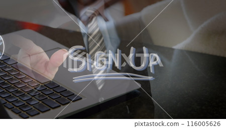 Image of icons, sign up text, midsection of man touching screen, cropped hands working on laptop 116005626