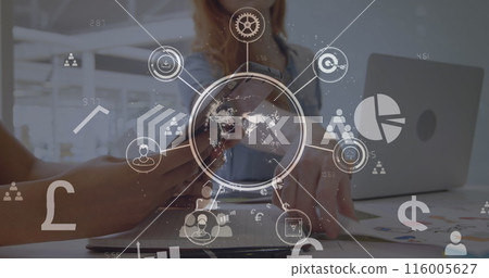 Image of icons around globe, symbols and numbers on senior caucasian man using cellphone Image of icons around globe, symbols and numbers on senior caucasian man using cellphone 116005627