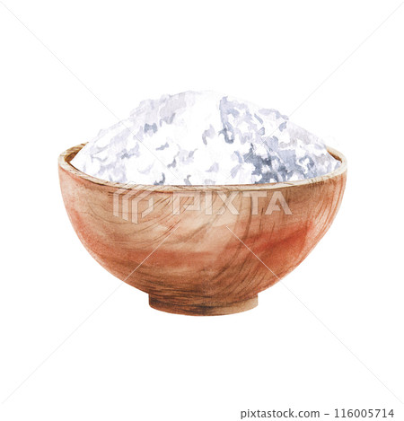 Salt in a wooden bowl in watercolor illustration on a white background. Hand-drawn illustration of salt for postcards, spa advertising, hammam. Turkish bath, Finnish sauna, beauty salons 116005714