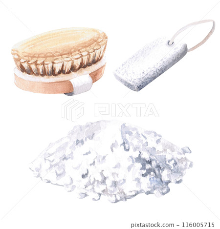 Bath brush, pumice stone, salt slide in watercolor illustration on a white background. Hand drawn illustration set for postcards, spa advertising, hammam. Turkish bath, Finnish sauna, beauty salons Bath brush, pumice stone, salt slide in watercolor illustration on a white background. Hand drawn illustration set for postcards, spa advertising, hammam. Turkish bath, Finnish sauna, beauty salons 116005715