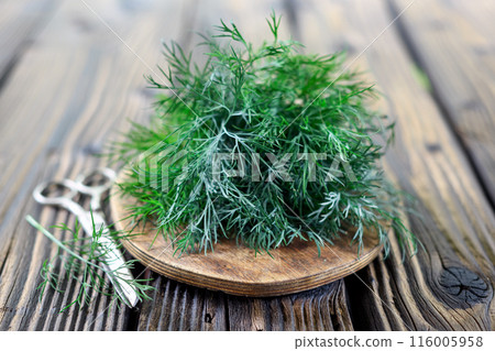Bunch of green organic dill with old scissors on wooden board Bunch of green organic dill with old scissors on wooden board 116005958