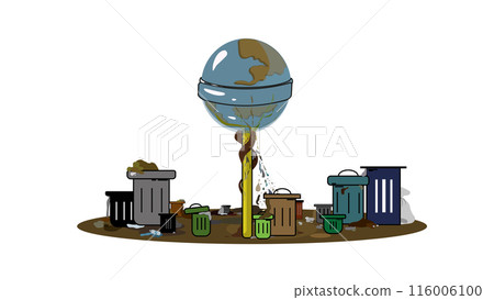 Planet Earth in the form of lollipop on plastic stick with continents against the background of garbage dump and containers on white background, plastic pollution of the planet 116006100