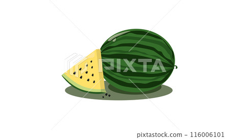 Piece of watermelon with yellow pulp and seeds,yummy fresh summer fruit sweet dessert, yellow tropical fruit on white background, ripe striped sliced watermelon, healthy food design Piece of watermelon with yellow pulp and seeds,yummy fresh summer fruit sweet dessert, yellow tropical fruit on white background, ripe striped sliced watermelon, healthy food design 116006101