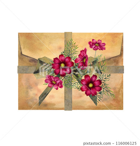 Craft vintage paper envelope with a bouquet of pink flowers. Watercolor illustration template for cards for Mother's Day, Valentine's Day, history, scrapbooking, aromatherapy, letters, magic 116006125