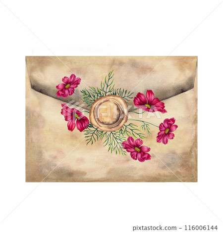 Craft vintage paper envelope with a bouquet of pink flowers. Watercolor illustration template for cards for Mother's Day, Valentine's Day, history, scrapbooking, aromatherapy, letters, magic Craft vintage paper envelope with a bouquet of pink flowers. Watercolor illustration template for cards for Mother's Day, Valentine's Day, history, scrapbooking, aromatherapy, letters, magic 116006144