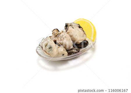 Grilled oysters on a glass plate on a white background 116006167