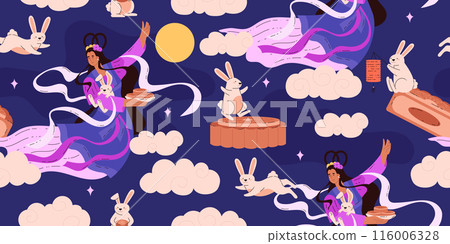 Asian Moon Goddess themed seamless vector pattern for festival decor. Asian Moon Goddess themed seamless vector pattern for festival decor. 116006328
