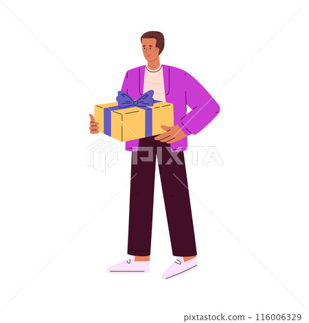 Gift exchange in mid-autumn; man with gift box, flat vector. Gift exchange in mid-autumn; man with gift box, flat vector. 116006329