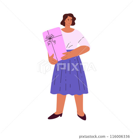 Vector illustration of a girl with a gift box in her hands, decorated with a ribbon 116006336